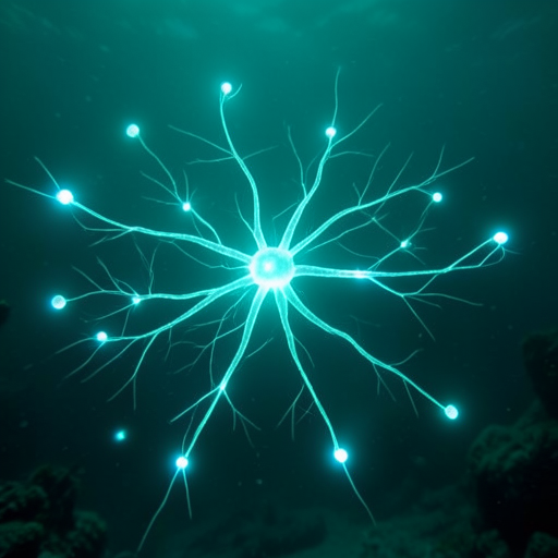 Abstract bioluminescent neural network, decentralized nodes reaching consensus, deep ocean teal, ethereal glow, scientific visualization